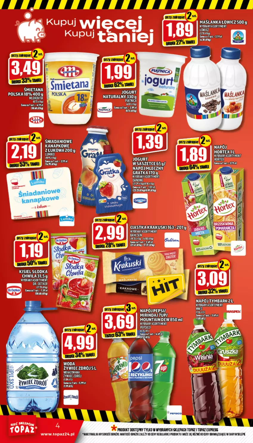 Gazetka promocyjna Topaz - Gazetka - ważna 07.07 do 13.07.2022 - strona 4 - produkty: Ciastka, Hortex, K2, Krakus, Krakuski, Napój, Piątnica, Sok, Top, Tymbark