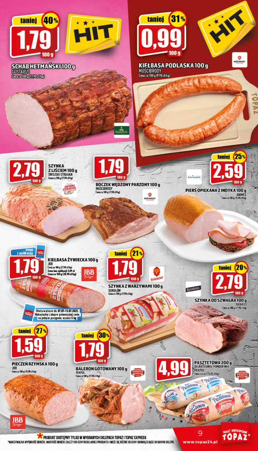 Gazetka promocyjna Topaz - Gazetka - ważna 07.07 do 13.07.2022 - strona 9 - produkty: Boczek, Kiełbasa, Piec, Pieczeń rzymska, Sok, Sokołów, Szynka, Top, Warzywa