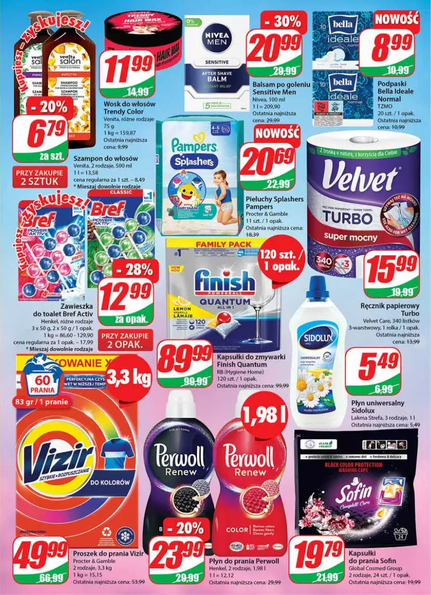 Gazetka promocyjna Dino - Gazetka 21 - ważna 24.05 do 30.05.2023 - strona 27 - produkty: Bref, Dada, Fa, Finish, Kapsułki do prania, Pampers, Papier, Perwoll, Pieluchy, Płyn do prania, Proszek do prania, Ręcznik, Sidolux, Velvet, Vizir, Zmywarki