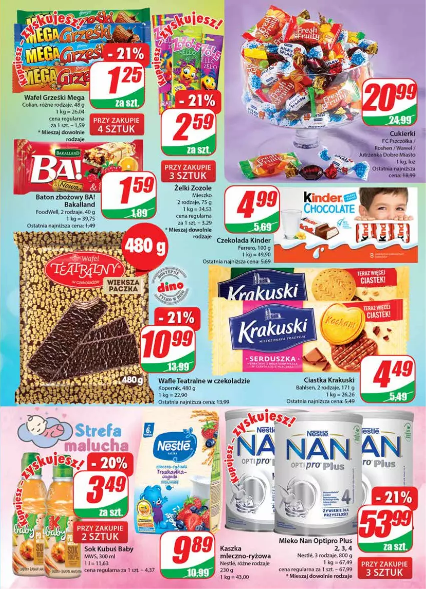 Gazetka promocyjna Dino - Gazetka 21 - ważna 24.05 do 30.05.2023 - strona 3 - produkty: Ba!, Bakalland, Baton, Ciastka, Czekolada, Ferrero, Grześki, Kinder, Krakus, Krakuski, Kubuś, Miecz, Mleko, NAN Optipro, Ryż, Sok, Wafle