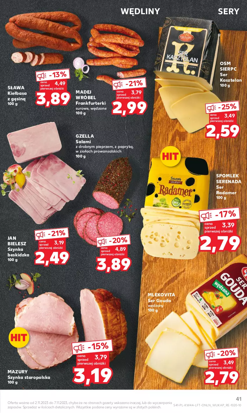 Gazetka promocyjna Kaufland - Gazetka tygodnia - ważna 02.11 do 07.11.2023 - strona 41 - produkty: Frankfurterki, Gouda, Kasztelan, Kiełbasa, Madej Wróbel, Mleko, Mlekovita, Pieprz, Radamer, Salami, Ser, Ser Kasztelan, Szynka