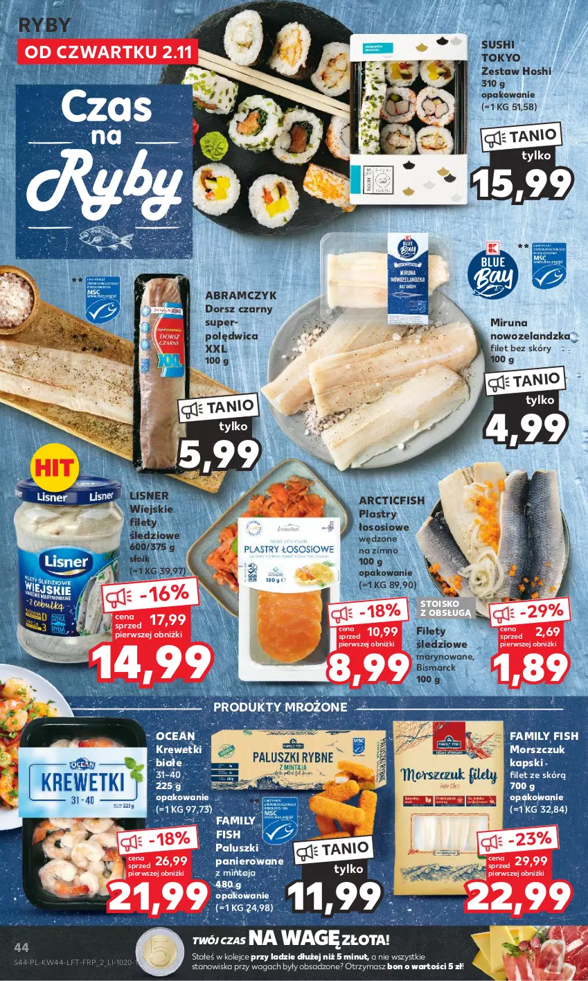 Gazetka promocyjna Kaufland - Gazetka tygodnia - ważna 02.11 do 07.11.2023 - strona 44 - produkty: Dorsz, Fa, Krewetki, Lisner, Mintaj, Miruna, Olej, Polędwica, Produkty mrożone, Sos, Sushi, Waga