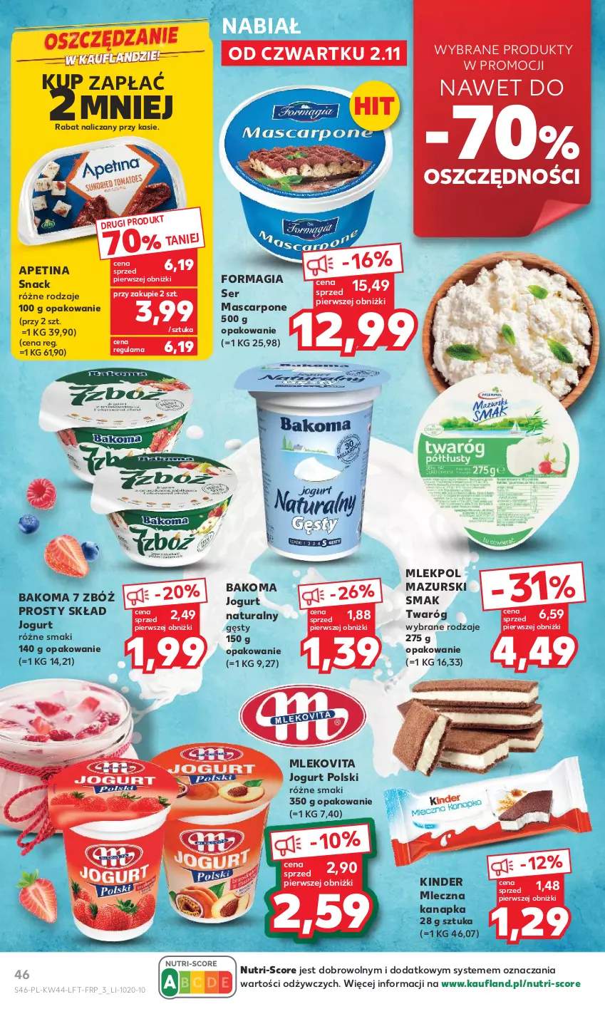 Gazetka promocyjna Kaufland - Gazetka tygodnia - ważna 02.11 do 07.11.2023 - strona 46 - produkty: Bakoma, Jogurt, Jogurt naturalny, Kinder, Mascarpone, Mleczna kanapka, Mleko, Mlekovita, Ser, Twaróg