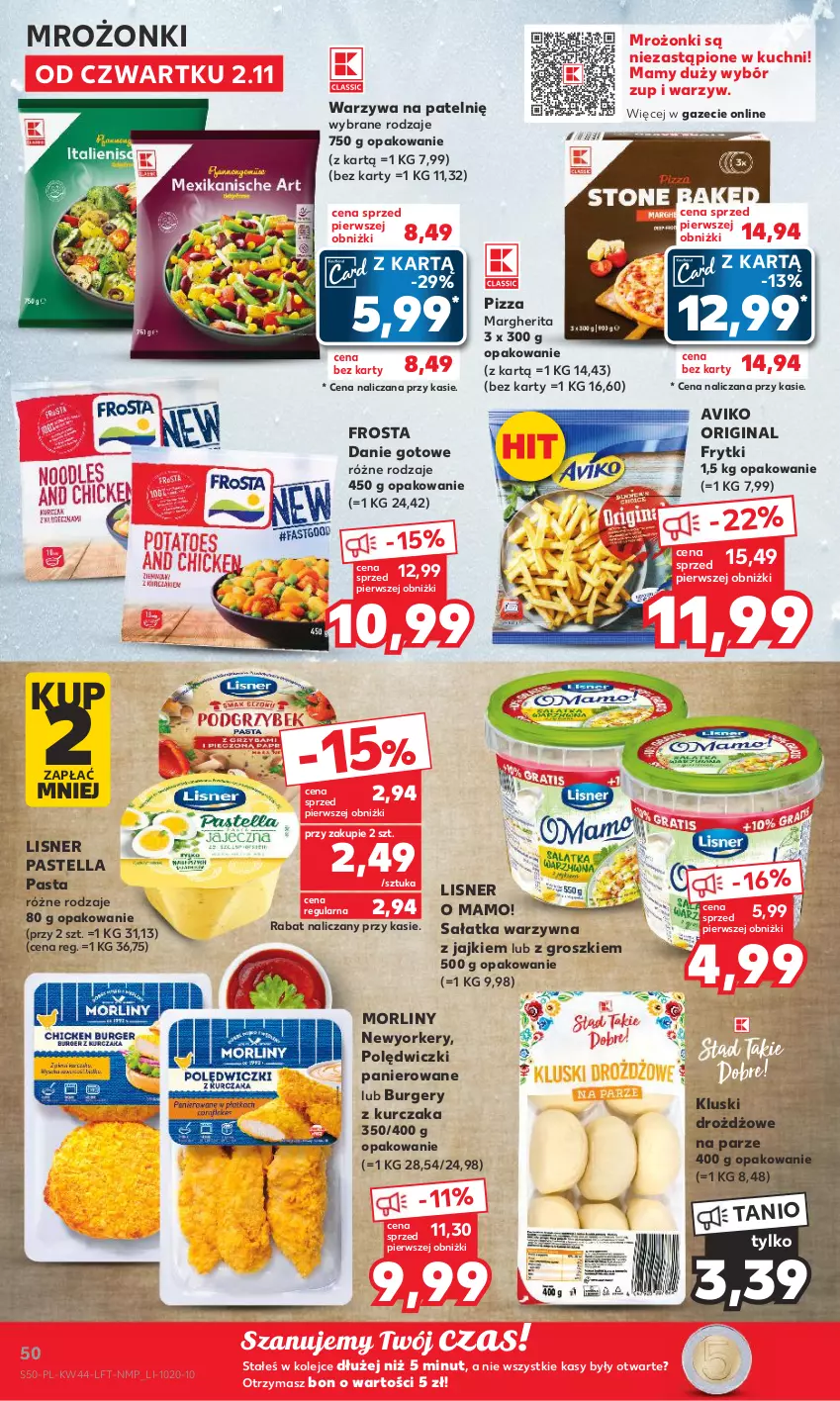 Gazetka promocyjna Kaufland - Gazetka tygodnia - ważna 02.11 do 07.11.2023 - strona 50 - produkty: Burger, Danie gotowe, Frosta, Frytki, Gin, Kurczak, Lisner, Morliny, Olej, Pastella, Pizza, Pizza margherita, Polędwiczki panierowane, Sałat, Sałatka, Sałatka warzywna, Warzywa