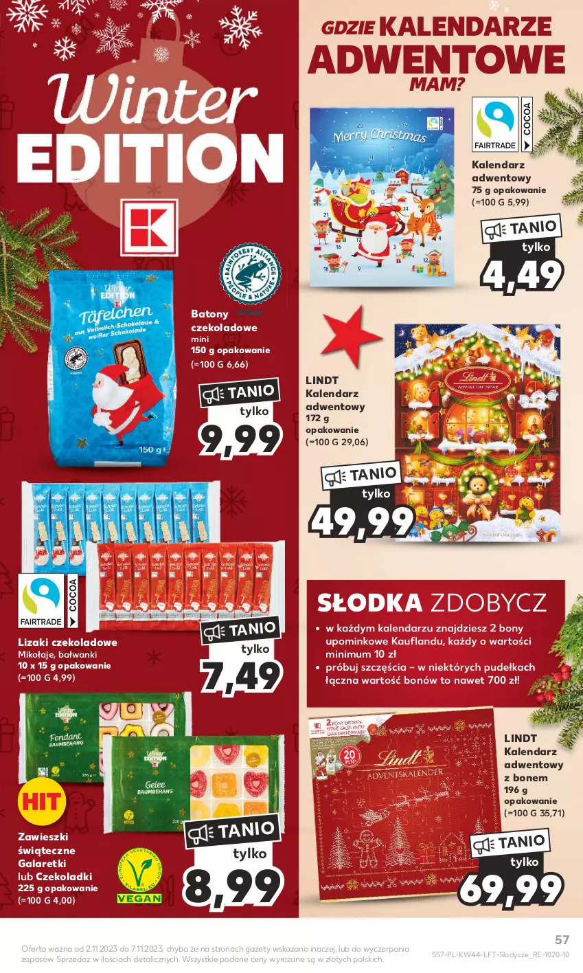 Gazetka promocyjna Kaufland - Gazetka tygodnia - ważna 02.11 do 07.11.2023 - strona 57 - produkty: Baton, Gala, Galaretki, Kalendarz, Kalendarz adwentowy, Lindt, Lizaki, Lizaki czekoladowe, Lody, Zawieszki