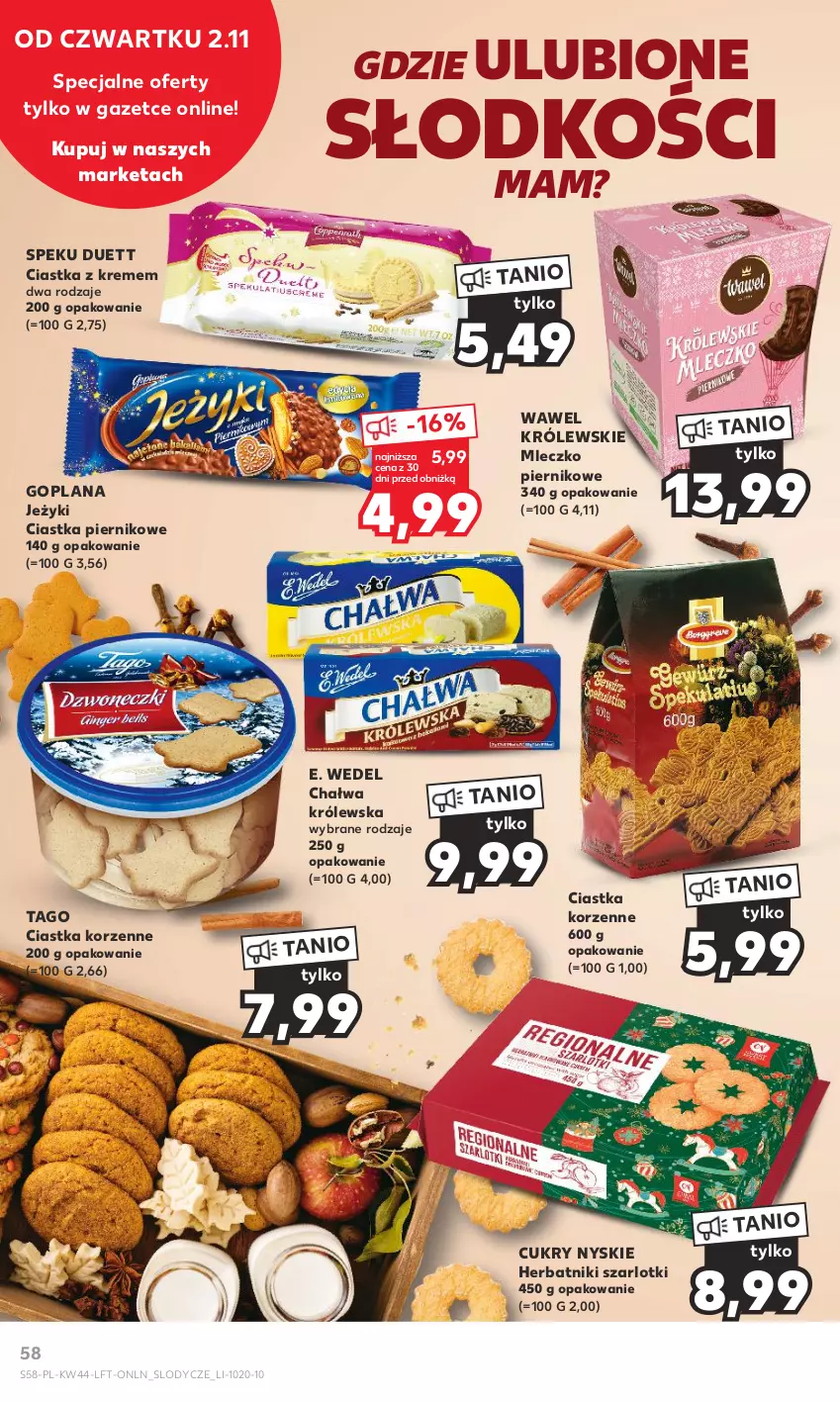 Gazetka promocyjna Kaufland - Gazetka tygodnia - ważna 02.11 do 07.11.2023 - strona 58 - produkty: Chałwa, Ciastka, E. Wedel, Goplana, Herbatniki, Jeżyki, Królewski, Królewskie Mleczko, LANA, Lody, Mleczko, Piernik, Tago, Wawel