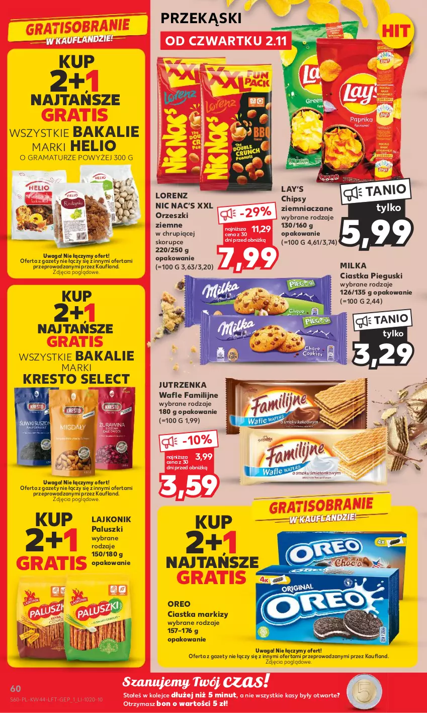 Gazetka promocyjna Kaufland - Gazetka tygodnia - ważna 02.11 do 07.11.2023 - strona 60 - produkty: Chipsy, Ciastka, Fa, Gra, Helio, Jutrzenka, Lajkonik, Lay’s, Lorenz, Milka, Olej, Oreo, Orzeszki, Orzeszki ziemne, Rama, Wafle, Waga