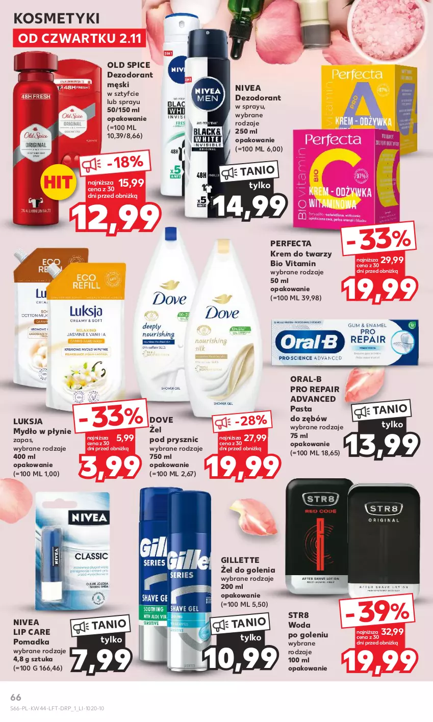 Gazetka promocyjna Kaufland - Gazetka tygodnia - ważna 02.11 do 07.11.2023 - strona 66 - produkty: Dezodorant, Dove, Gillette, Krem do twarzy, Luksja, Mydło, Mydło w płynie, Nivea, Old Spice, Pasta do zębów, Perfecta, Str8, Woda, Woda po goleniu