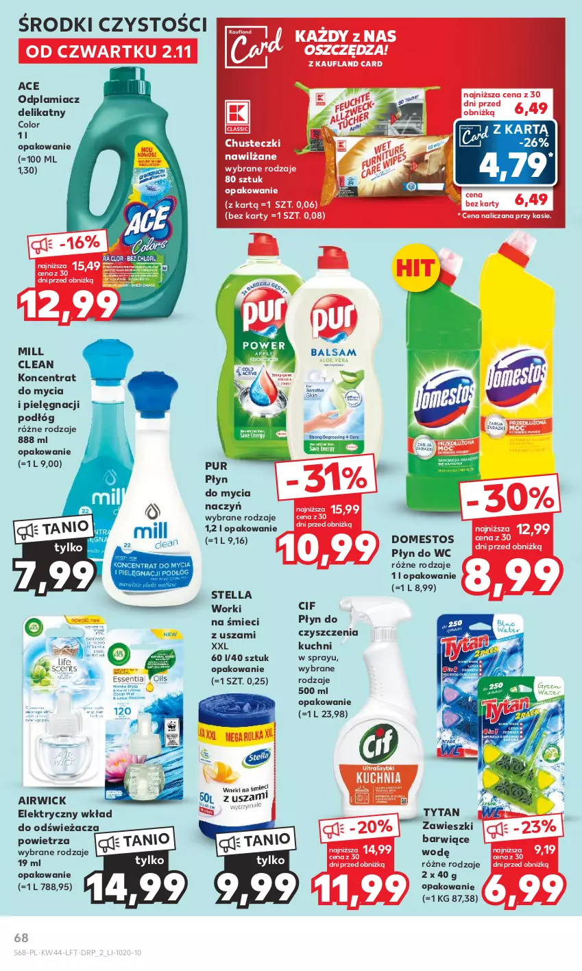 Gazetka promocyjna Kaufland - Gazetka tygodnia - ważna 02.11 do 07.11.2023 - strona 68 - produkty: Chusteczki, Cif, Do mycia naczyń, Domestos, Odplamiacz, Płyn do mycia, Płyn do mycia naczyń, Płyn do wc, Pur, Tytan, Worki na śmiec, Worki na śmieci, Zawieszki