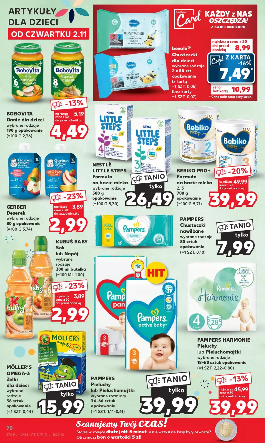 Gazetka promocyjna Kaufland - Gazetka tygodnia - ważna 02.11 do 07.11.2023 - strona 70 - produkty: Bebiko, BoboVita, Chusteczki, Danie dla dzieci, Deser, Dzieci, Gerber, Kubuś, Majtki, Napój, Nestlé, Olej, Omega-3, Pampers, Pieluchomajtki, Pieluchy, Ser, Serek, Sok