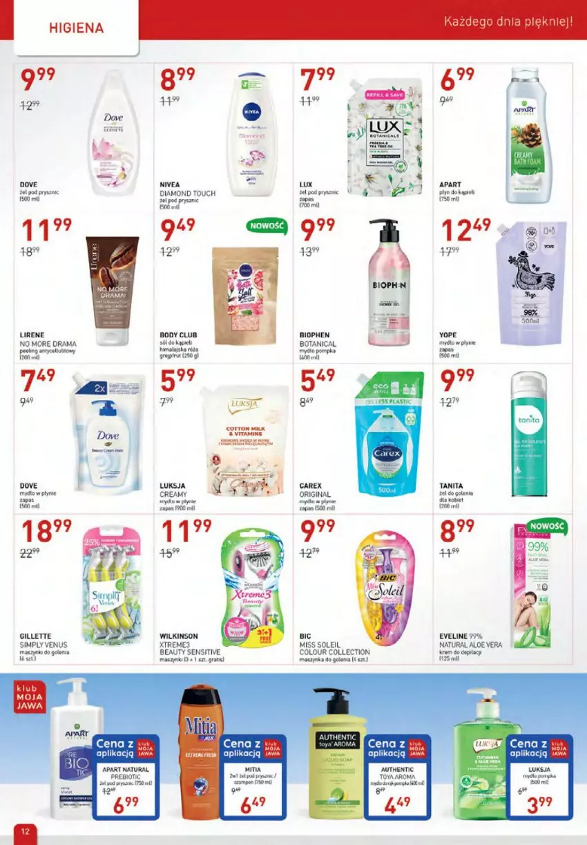 Gazetka promocyjna Drogerie Jawa - ważna 05.08 do 06.09.2021 - strona 12 - produkty: Aloe vera, BIC, Body, Dove, Eveline, Gillette, Gin, Gra, Lirene, Luksja, Maszynka, Maszynka do golenia, Mydło, Mydło w płynie, Nivea, Por, Rama, Szynka, Venus