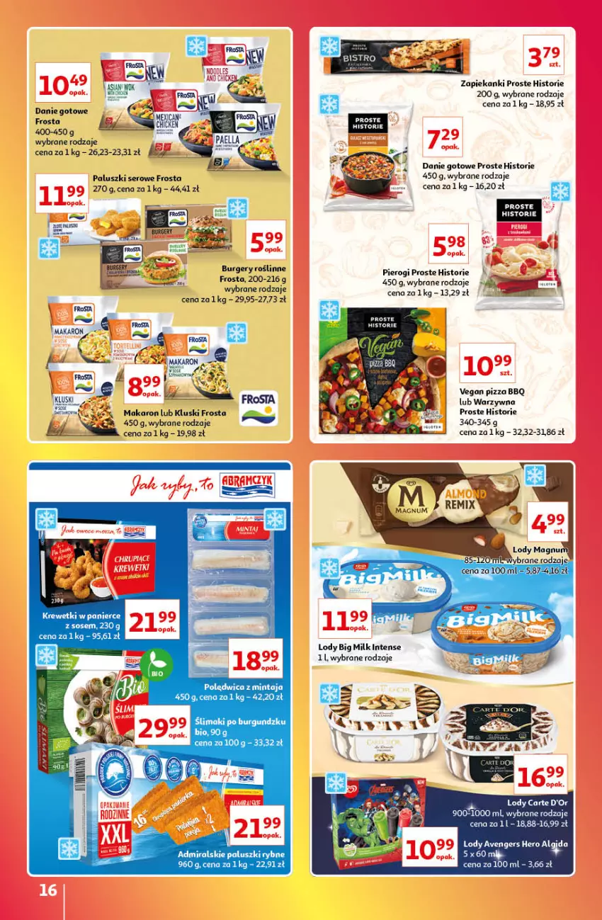 Gazetka promocyjna Auchan - Gazetka Znane Marki Lubiane Auchan - ważna 13.10 do 19.10.2022 - strona 16 - produkty: Avengers, Big Milk, Burger, Carte d'Or, Danie gotowe, Frosta, Krewetki, Lody, Makaron, Mintaj, Paluszki rybne, Pierogi, Pizza, Polędwica, Ser