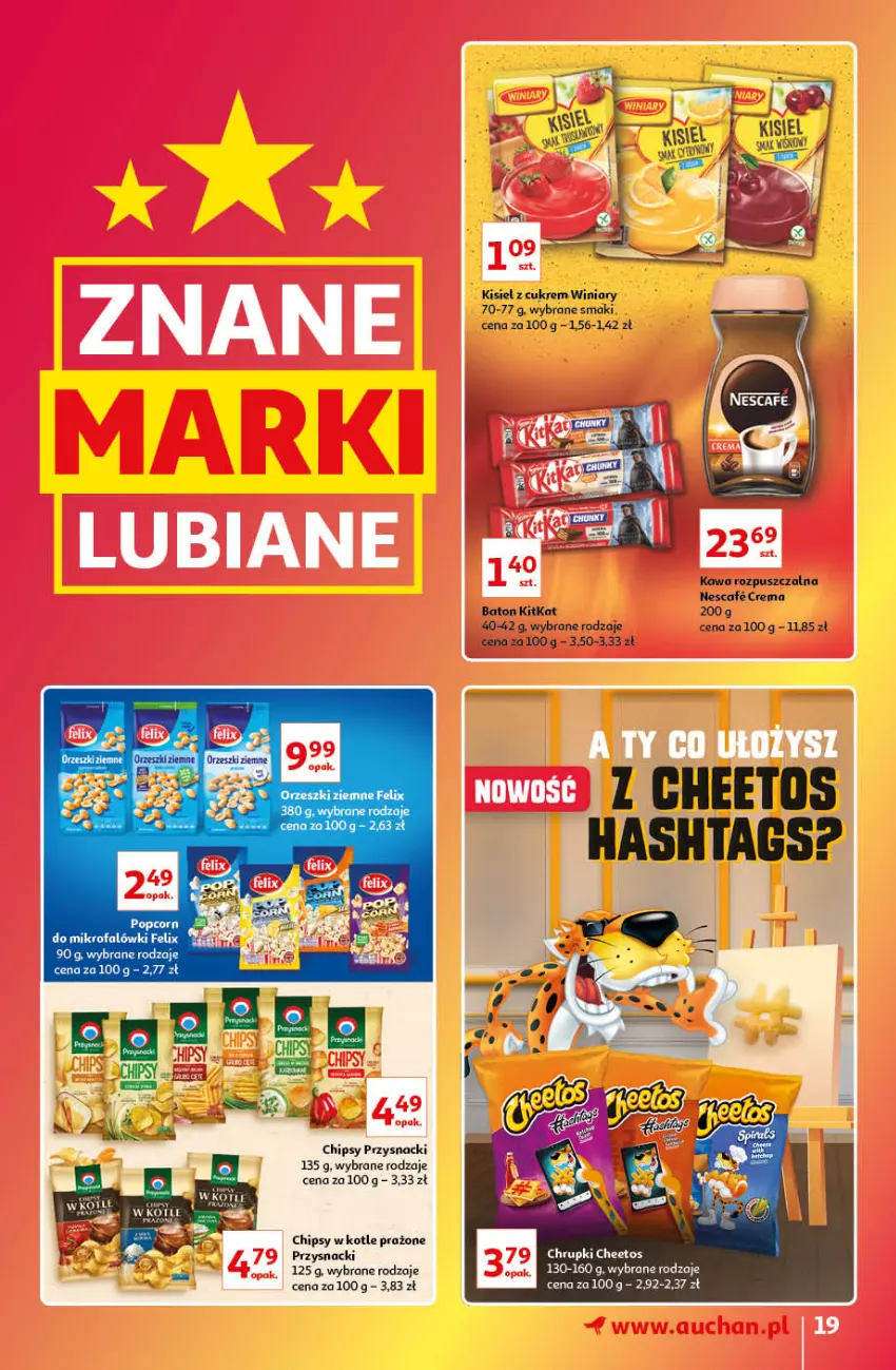 Gazetka promocyjna Auchan - Gazetka Znane Marki Lubiane Auchan - ważna 13.10 do 19.10.2022 - strona 19 - produkty: Baton, Cheetos, Chipsy, Chrupki, Kawa, Kawa rozpuszczalna, Kisiel, Popcorn, Przysnacki, Winiary