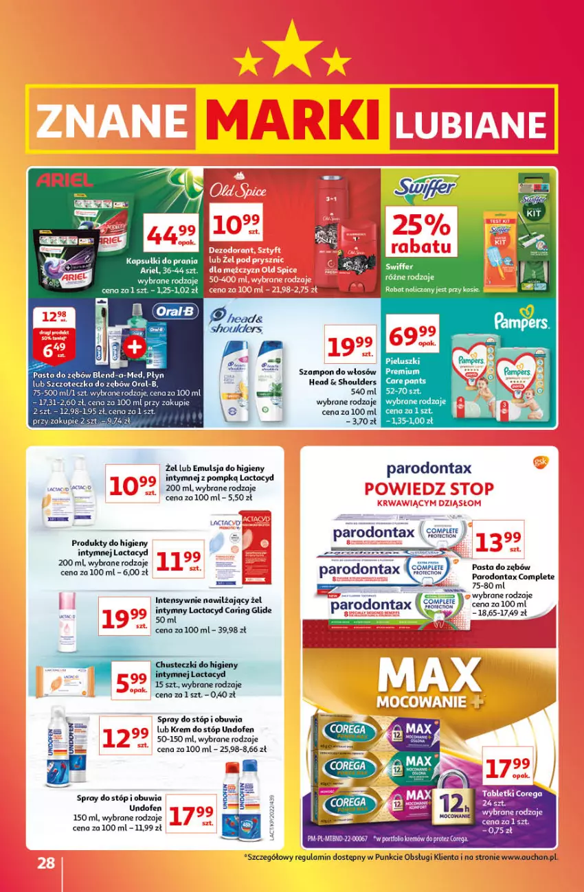 Gazetka promocyjna Auchan - Gazetka Znane Marki Lubiane Auchan - ważna 13.10 do 19.10.2022 - strona 28 - produkty: Ariel, Blend-a-Med, Corega, Emulsja, Krem do stóp, Lactacyd, Parodontax, Pasta do zębów, Por, Szampon, Szczoteczka, Szczoteczka do zębów, Undofen