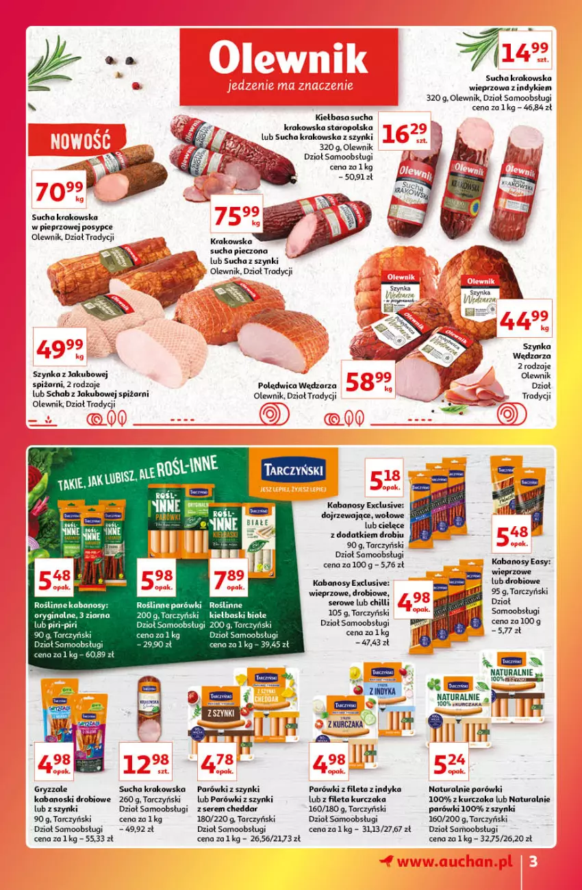 Gazetka promocyjna Auchan - Gazetka Znane Marki Lubiane Auchan - ważna 13.10 do 19.10.2022 - strona 3 - produkty: Cheddar, Fa, Gin, Gry, Kabanos, Kiełbasa, Kiełbaski białe, Kurczak, Olewnik, Parówki, Parówki z szynki, Piec, Pieprz, Polędwica, Roślinne kabanosy, Ser, Szynka, Tarczyński