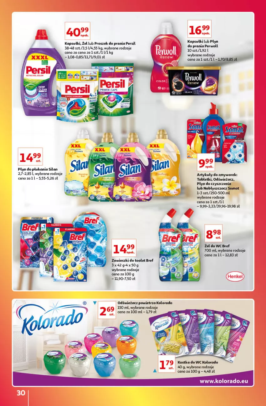 Gazetka promocyjna Auchan - Gazetka Znane Marki Lubiane Auchan - ważna 13.10 do 19.10.2022 - strona 30 - produkty: Bref, Kolorado, Kostka do wc, Odświeżacz powietrza, Persil, Płyn do płukania, Proszek do prania, Silan, Somat, Tablet, Zawieszki