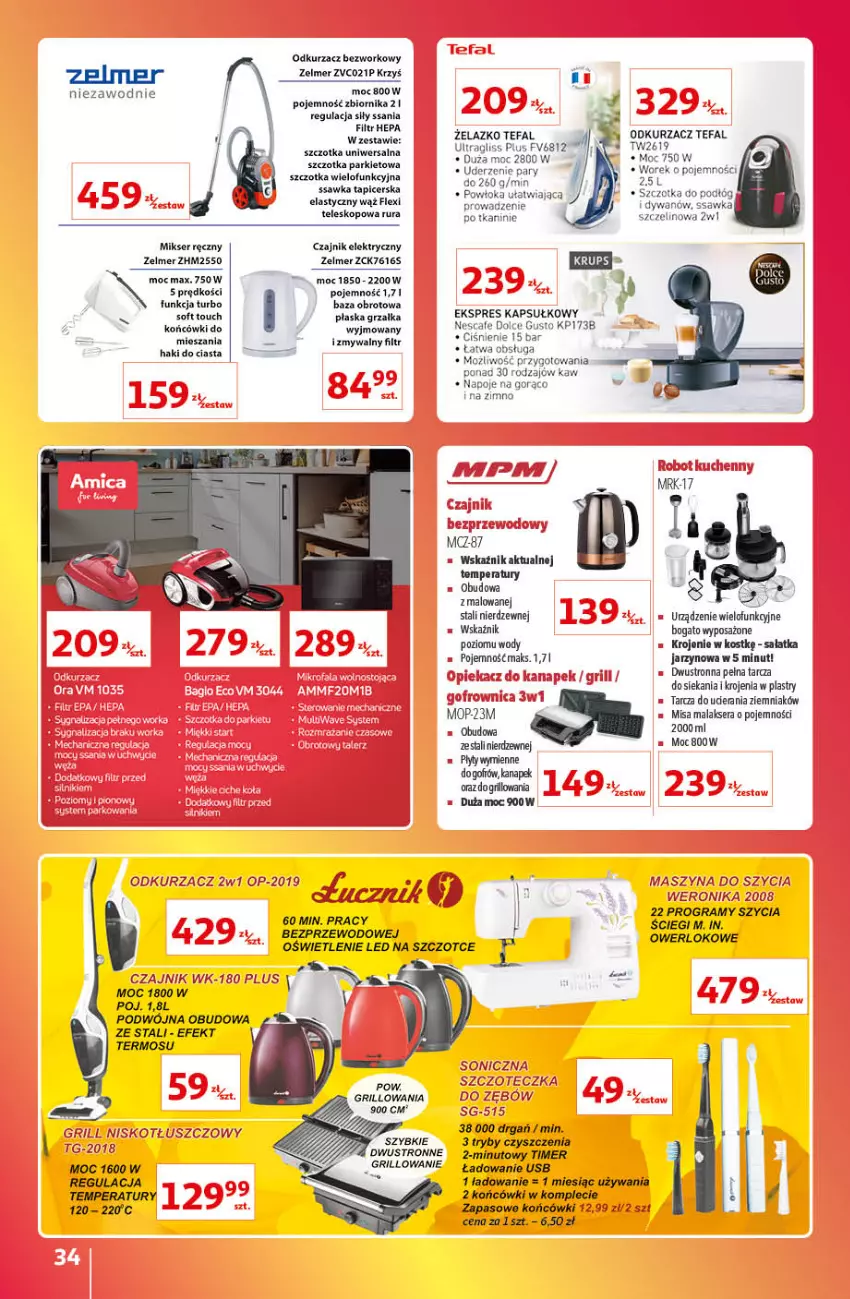 Gazetka promocyjna Auchan - Gazetka Znane Marki Lubiane Auchan - ważna 13.10 do 19.10.2022 - strona 34 - produkty: Czajnik, Czajnik elektryczny, Dolce Gusto, Dywan, Fa, Gra, Grill, Grzałka, Mikser, Mikser ręczny, Mop, Napoje, Odkurzacz, Rura, Sałat, Sałatka, Ser, Szczoteczka, Szczoteczka do zębów, Szczotka, Szyna, Tefal, Teleskop, Termos, Urządzenie wielofunkcyjne, Zelmer