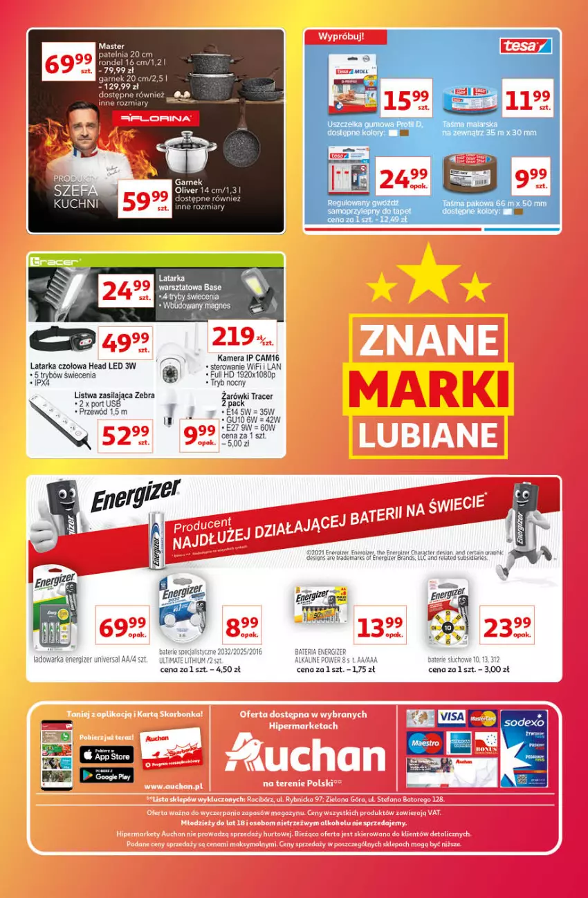 Gazetka promocyjna Auchan - Gazetka Znane Marki Lubiane Auchan - ważna 13.10 do 19.10.2022 - strona 40 - produkty: Acer, Bateria, Energizer, Garnek, Kamera, Latarka, Latarka czołowa, Listwa, Mop, Patelnia, Por, Przewód, Rondel, Tarka, Taśma pakowa, Warka