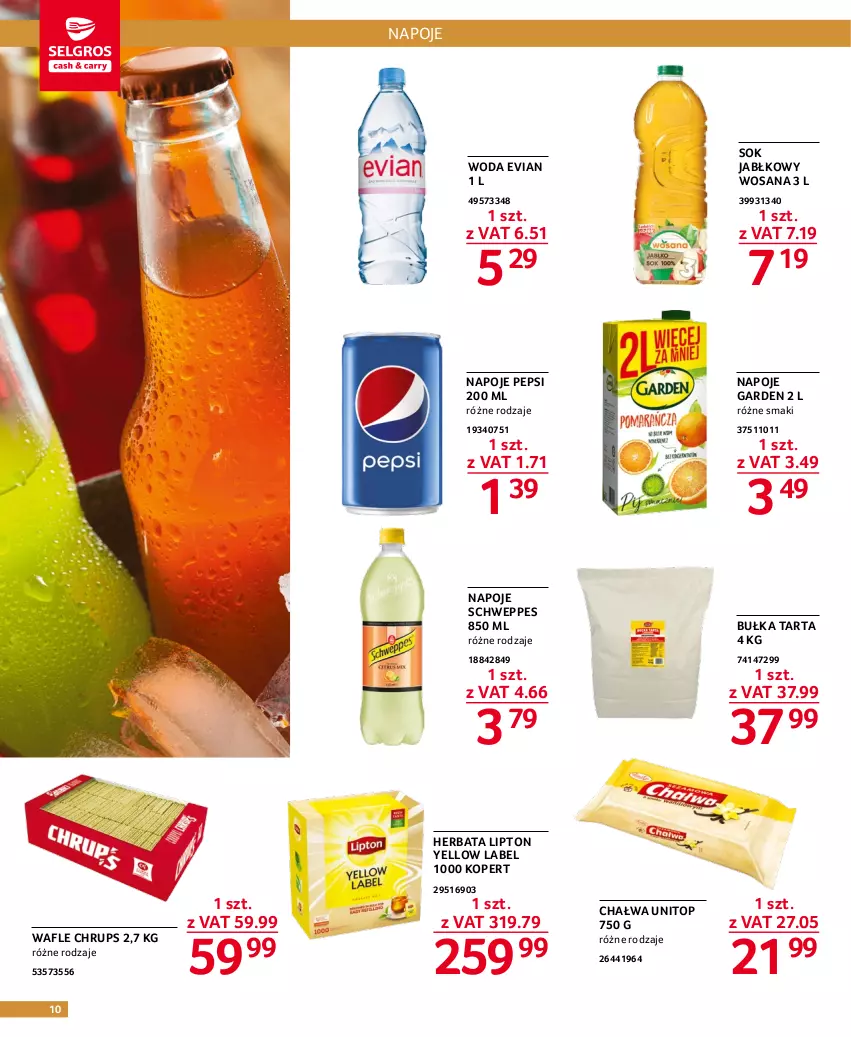 Gazetka promocyjna Selgros - Oferta gastronomiczna - ważna 05.01 do 18.01.2023 - strona 10 - produkty: Bułka, Bułka tarta, Chałwa, Herbata, Lipton, Napoje, Pepsi, Schweppes, Sok, Sok jabłkowy, Tarta, Top, Wafle, Woda, Wosana