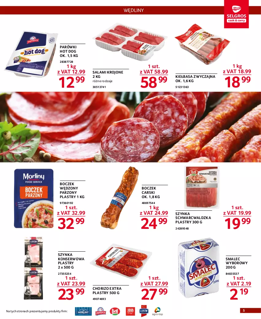 Gazetka promocyjna Selgros - Oferta gastronomiczna - ważna 05.01 do 18.01.2023 - strona 5 - produkty: Boczek, Cars, Hot dog, Kiełbasa, Parówki, Parówki hot dog, Salami, Ser, Smalec, Szynka, Szynka konserwowa