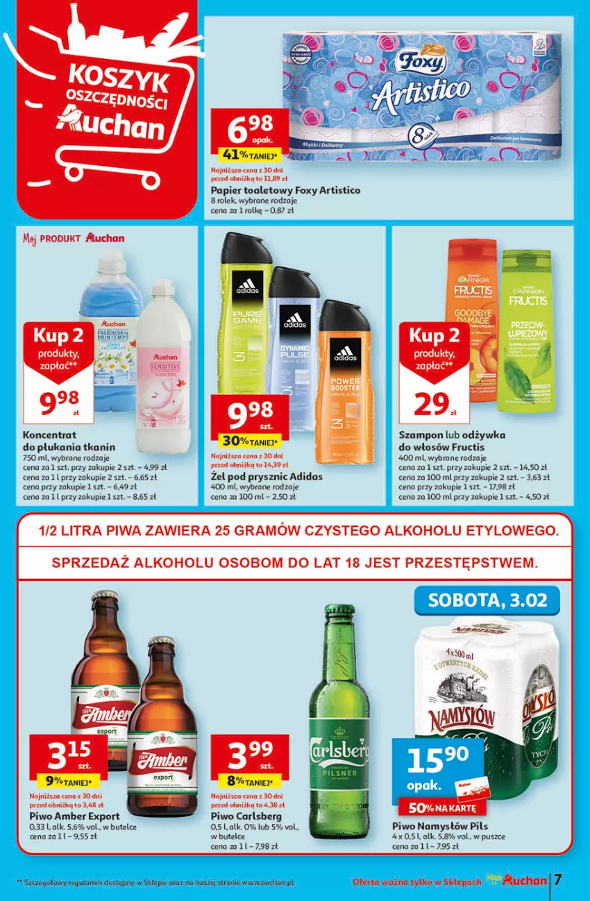 Gazetka promocyjna Auchan - Gazetka Świat Pełen Smaku Moje Auchan - ważna 01.02 do 07.02.2024 - strona 7 - produkty: Adidas, Carlsberg, Foxy, Fructis, Gra, Namysłów, Odżywka, Papier, Papier toaletowy, Piwa, Piwo, Por, Szampon