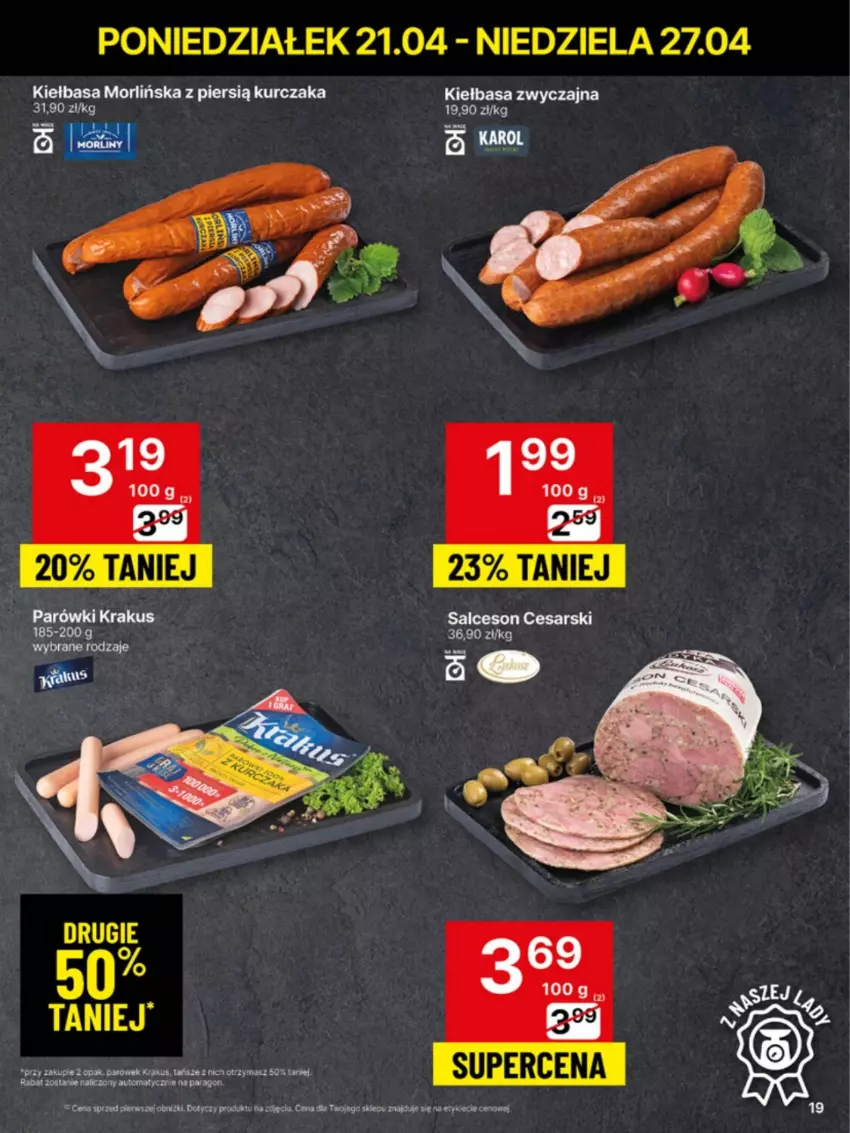 Gazetka promocyjna Delikatesy Centrum - Franczyza DC17 Poniedziałek - ważna 21.04 do 27.04.2025 - strona 19 - produkty: Kiełbasa, Krakus, Kurczak, Ocet