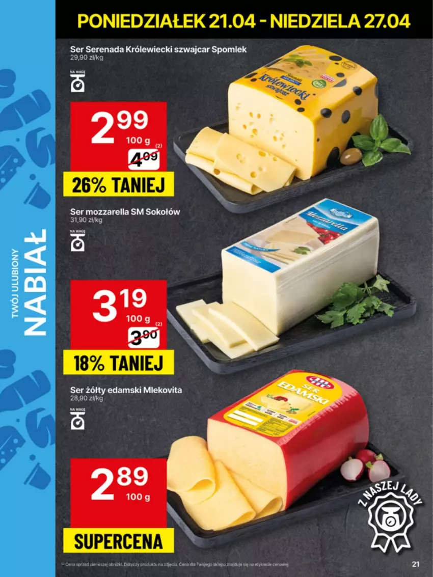 Gazetka promocyjna Delikatesy Centrum - Franczyza DC17 Poniedziałek - ważna 21.04 do 27.04.2025 - strona 21 - produkty: Edam, Mozzarella, Ser, Sok, Sokołów