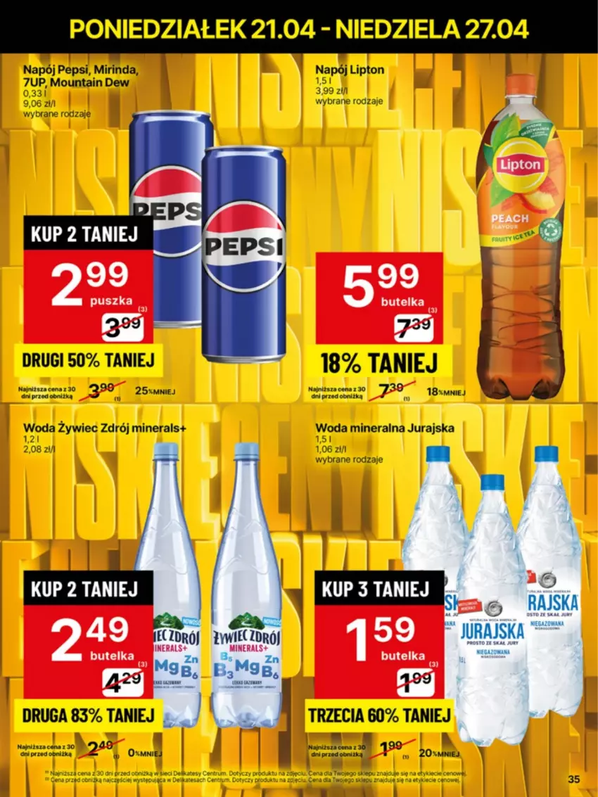 Gazetka promocyjna Delikatesy Centrum - Franczyza DC17 Poniedziałek - ważna 21.04 do 27.04.2025 - strona 35 - produkty: 7up, Lipton, Mirinda, Napój, Pepsi, Rum, Woda, Woda mineralna