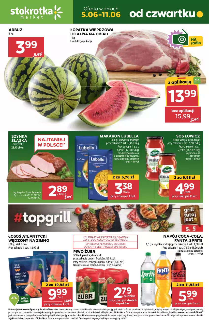 Gazetka promocyjna Stokrotka - Market - ważna 05.06 do 11.06.2025 - strona 1 - produkty: Arbuz, Bell, Bella, Coca-Cola, Fa, Fanta, Gra, Lubella, Makaron, Mięso, Napój, Owoce, Piwa, Piwo, Sos, Sprite, Szynka, Tarczyński, Warzywa