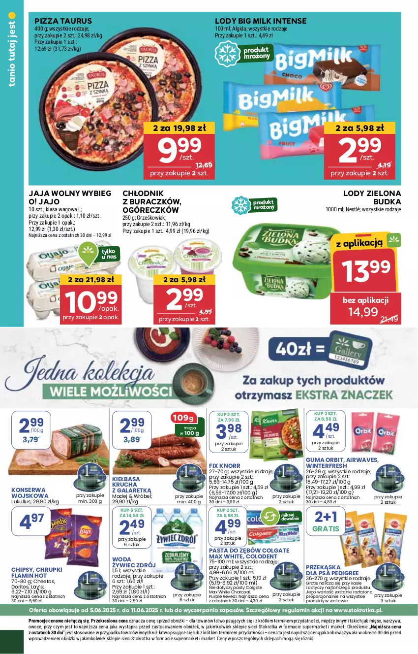 Gazetka promocyjna Stokrotka - Market - ważna 05.06 do 11.06.2025 - strona 14 - produkty: Algida, Big Milk, Cheetos, Chipsy, Chrupki, Colgate, Gala, Gra, Jaja, Kiełbasa, Kiełbasa krucha, Knorr, Lay’s, LG, Lody, Mięso, Nestlé, Orbit, Owoce, Pasta do zębów, Pedigree, Pizza, Por, Pur, Ser, Warzywa, Woda, Zielona Budka