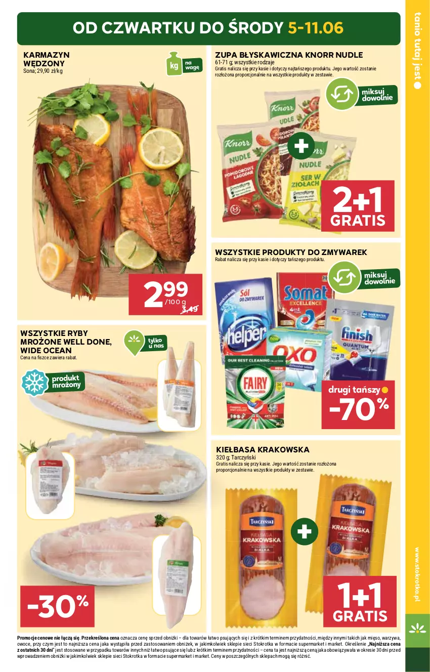 Gazetka promocyjna Stokrotka - Market - ważna 05.06 do 11.06.2025 - strona 3 - produkty: Gra, Karmazyn wędzony, Kiełbasa, Kiełbasa krakowska, Knorr, Mięso, Owoce, Por, Produkty do zmywarek, Tarczyński, Warzywa, Zupa