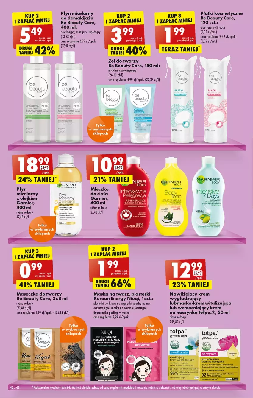 Gazetka promocyjna Biedronka - W tym tygodniu - ważna 11.07 do 16.07.2022 - strona 42 - produkty: Aloe vera, Be Be, Body, Fa, Garnier, Krem wygładzający, Makijaż, Maska, Mleczko, Mleczko do ciała, Niuqi, Olej, Peeling, Plasterki, Płatki kosmetyczne, Płyn micelarny, Tera, Tołpa