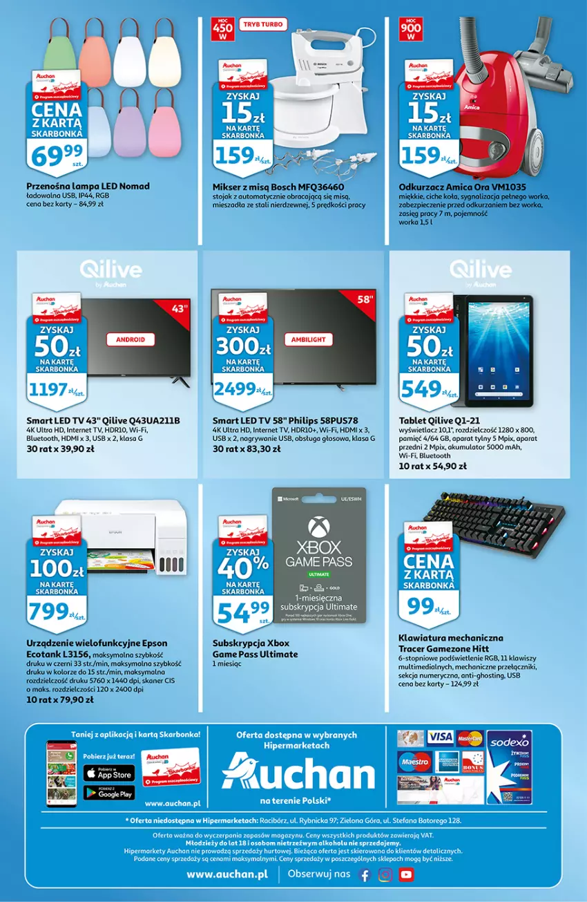 Gazetka promocyjna Auchan - Skarbonka #44 - ważna 04.11 do 10.11.2021 - strona 4 - produkty: Acer, Akumulator, Amica, Bosch, Fa, Gry, Klawiatura, Lampa, Lampa LED, LED TV, Mikser, Odkurzacz, Orka, Philips, Piec, Ser, Skaner, Stojak, Tablet, Top, Urządzenie wielofunkcyjne, Xbox