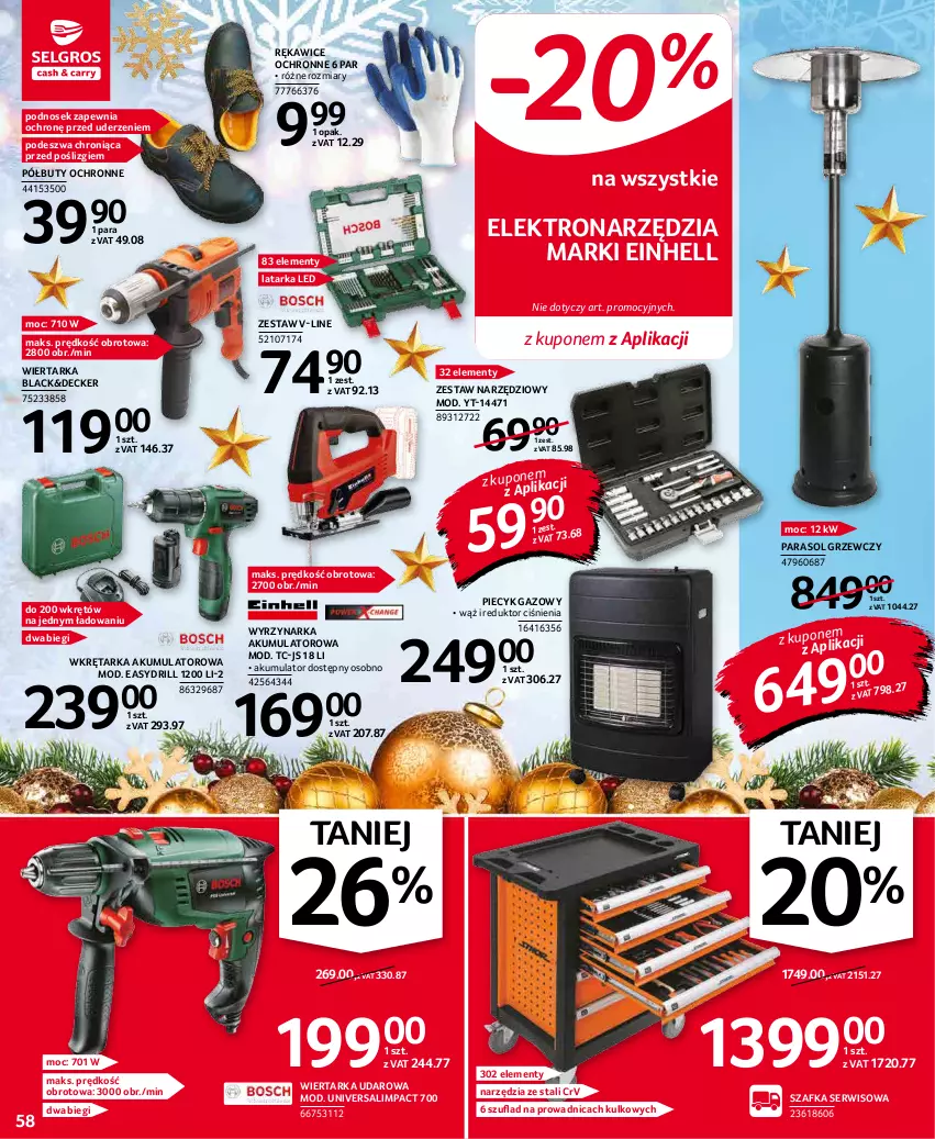 Gazetka promocyjna Selgros - Oferta przemysłowa - ważna 02.12 do 15.12.2021 - strona 58 - produkty: Akumulator, Buty, Einhell, Lack, Latarka, Latarka LED, Parasol, Piec, Piecyk gazowy, Półbuty, Rękawice, Rękawice ochronne, Ser, Szafka, Tarka, Wiertarka, Wiertarka udarowa, Wkręt, Wkrętarka, Wkrętów, Wyrzynarka, Zestaw narzędzi