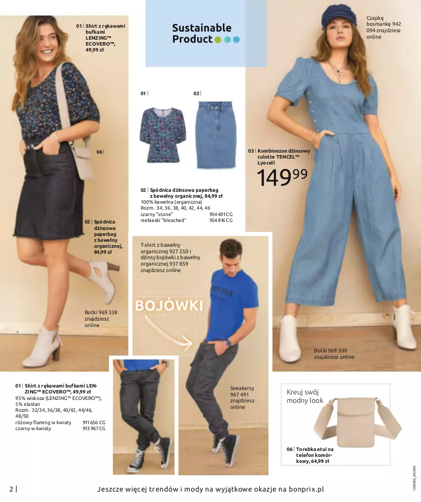 Gazetka promocyjna Bonprix - MODA DŻINSOWA, KTÓRĄ POKOCHASZ! - ważna 08.02 do 08.08.2021 - strona 4 - produkty: Botki, Dżinsy, Kawa, Kombinezon, Sneakersy, Spódnica, T-shirt, Telefon, Torebka, Wełna