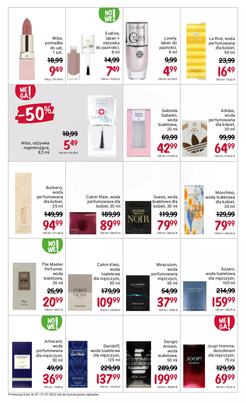 Gazetka promocyjna Rossmann - ważna 16.07 do 31.07.2022 - strona 12 - produkty: Adidas, Azzaro, Brie, Burberry, Calvin Klein, Davidoff, Dezodorant, Eveline, Gabriela Sabatini, Giorgio Armani, JOOP!, La Rive, Lakier, Lakier do paznokci, Lovely, Moschino, Odżywka, Perfum, Wibo, Woda, Woda perfumowana, Woda toaletowa