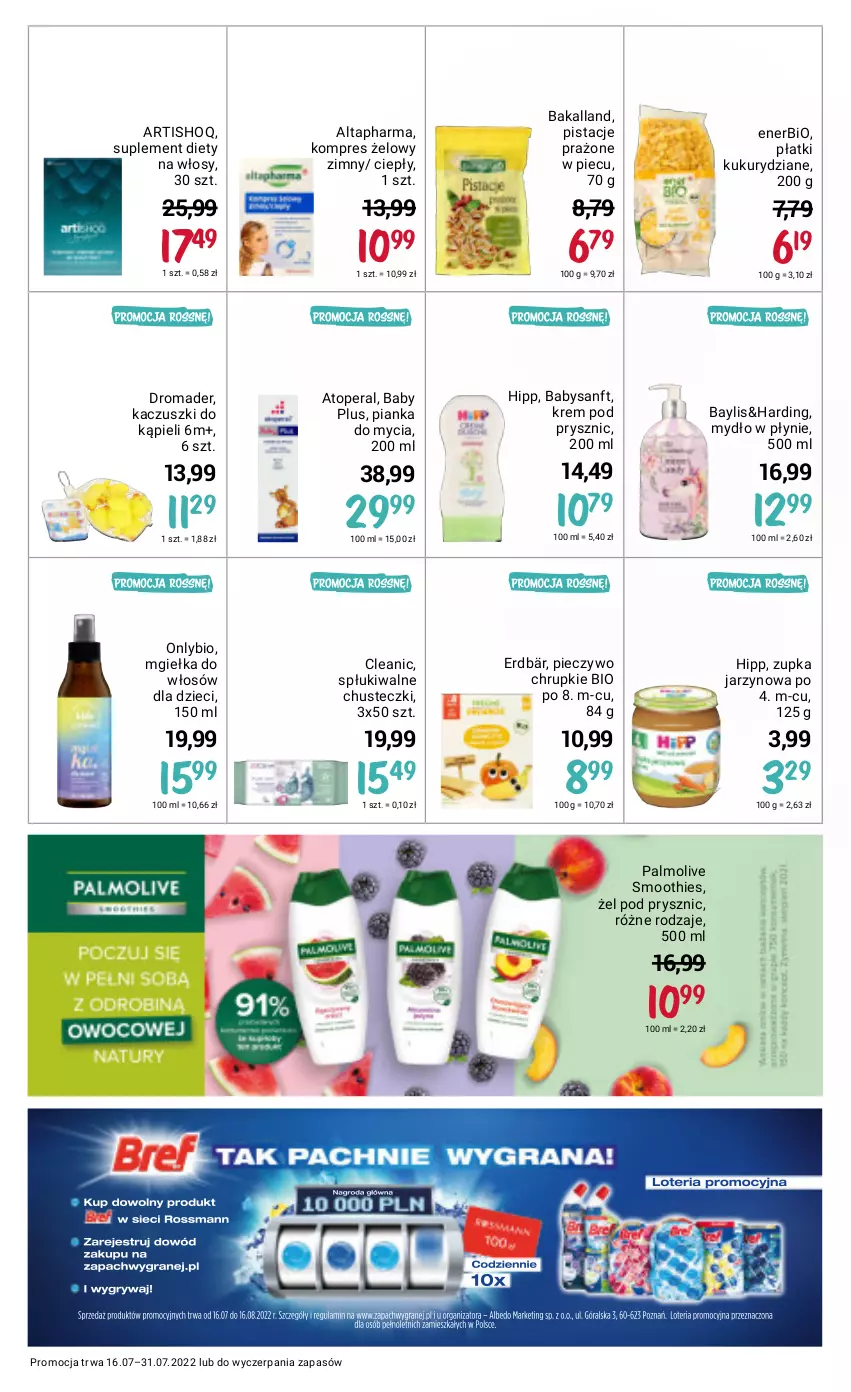 Gazetka promocyjna Rossmann - ważna 16.07 do 31.07.2022 - strona 13 - produkty: Atoperal, Bakalland, Chrupki, Chusteczki, Cleanic, Dzieci, Enerbio, HiPP, Mydło, Mydło w płynie, Palmolive, Piec, Pieczywo, Pieczywo chrupkie, Pistacje, Smoothie, Suplement diety, Top