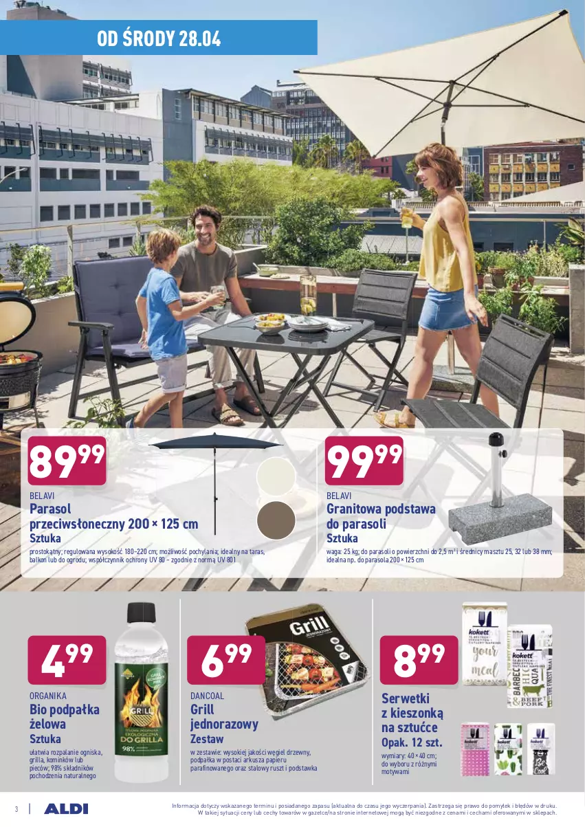 Gazetka promocyjna Aldi - ważna 28.04 do 30.04.2021 - strona 3 - produkty: Gra, Grill, Papier, Parasol, Piec, Ser, Serwetki, Sok, Waga, Węgiel drzewny