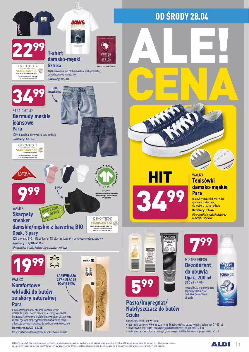 Gazetka promocyjna Aldi - ważna 28.04 do 30.04.2021 - strona 4 - produkty: Atomic, Bermudy, Dezodorant, Karp, T-shirt, Tenisówki, Top, Wełna, Wkładki