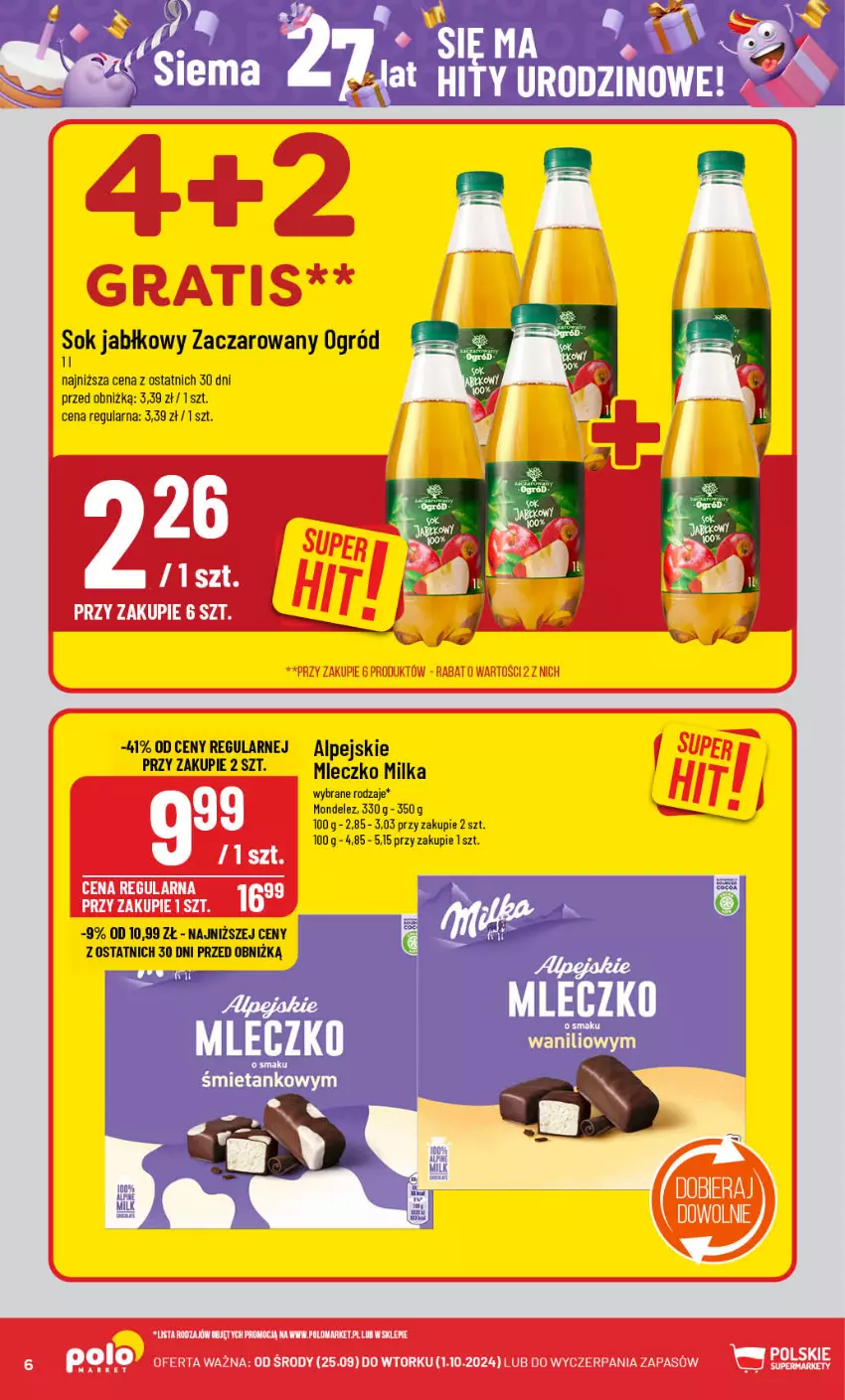 Gazetka promocyjna PoloMarket - Gazetka pomocyjna - ważna 25.09 do 01.10.2024 - strona 6 - produkty: Milka, Mleczko, Ogród, Sok, Sok jabłkowy