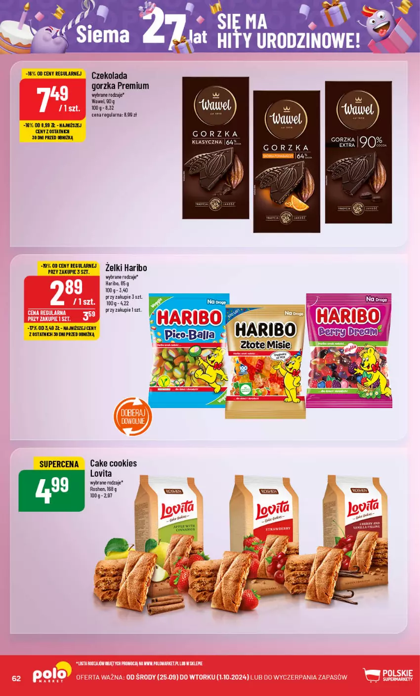 Gazetka promocyjna PoloMarket - Gazetka pomocyjna - ważna 25.09 do 01.10.2024 - strona 62 - produkty: Czekolada, Czekolada gorzka, Haribo, Lovi, Wawel