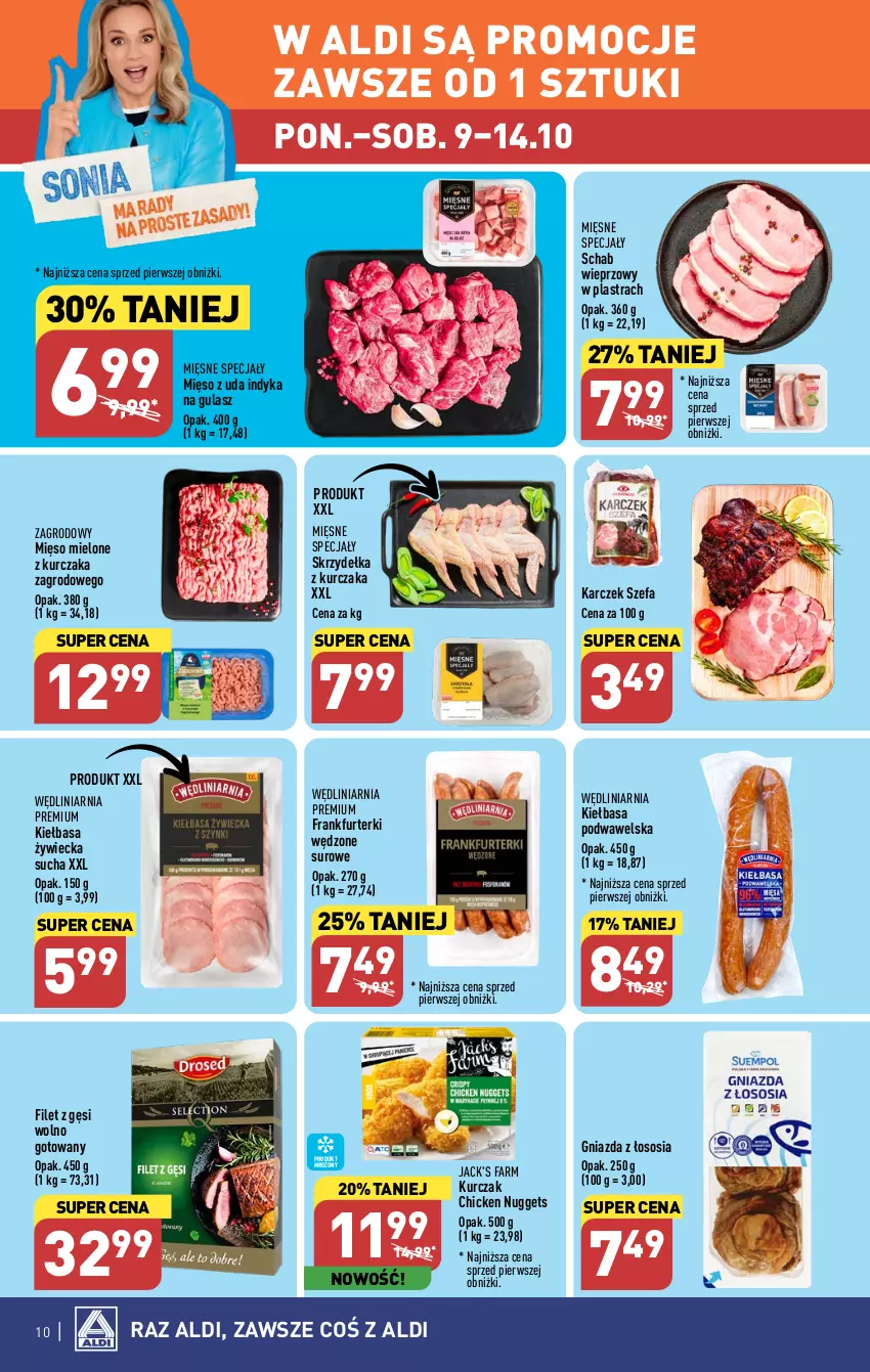 Gazetka promocyjna Aldi - Pełna oferta - ważna 09.10 do 14.10.2023 - strona 10 - produkty: Fa, Frankfurterki, Kiełbasa, Kiełbasa podwawelska, Kurczak, Mięsne specjały, Mięso, Mięso mielone, Schab wieprzowy, Skrzydełka z kurczaka, Sos, Wawel