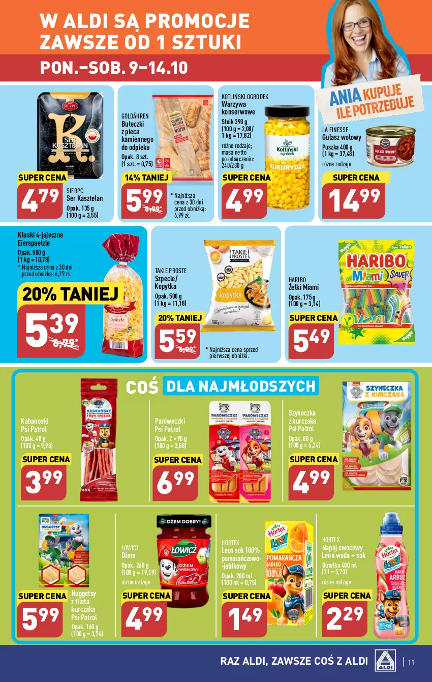 Gazetka promocyjna Aldi - Pełna oferta - ważna 09.10 do 14.10.2023 - strona 11 - produkty: Bułeczki, Dżem, Gulasz wołowy, Haribo, Hortex, Kabanos, Kasztelan, Kopytka, Kurczak, Leon, Napój, Ogród, Piec, Psi Patrol, Ser, Ser Kasztelan, Sok, Warzywa, Warzywa konserwowe, Woda