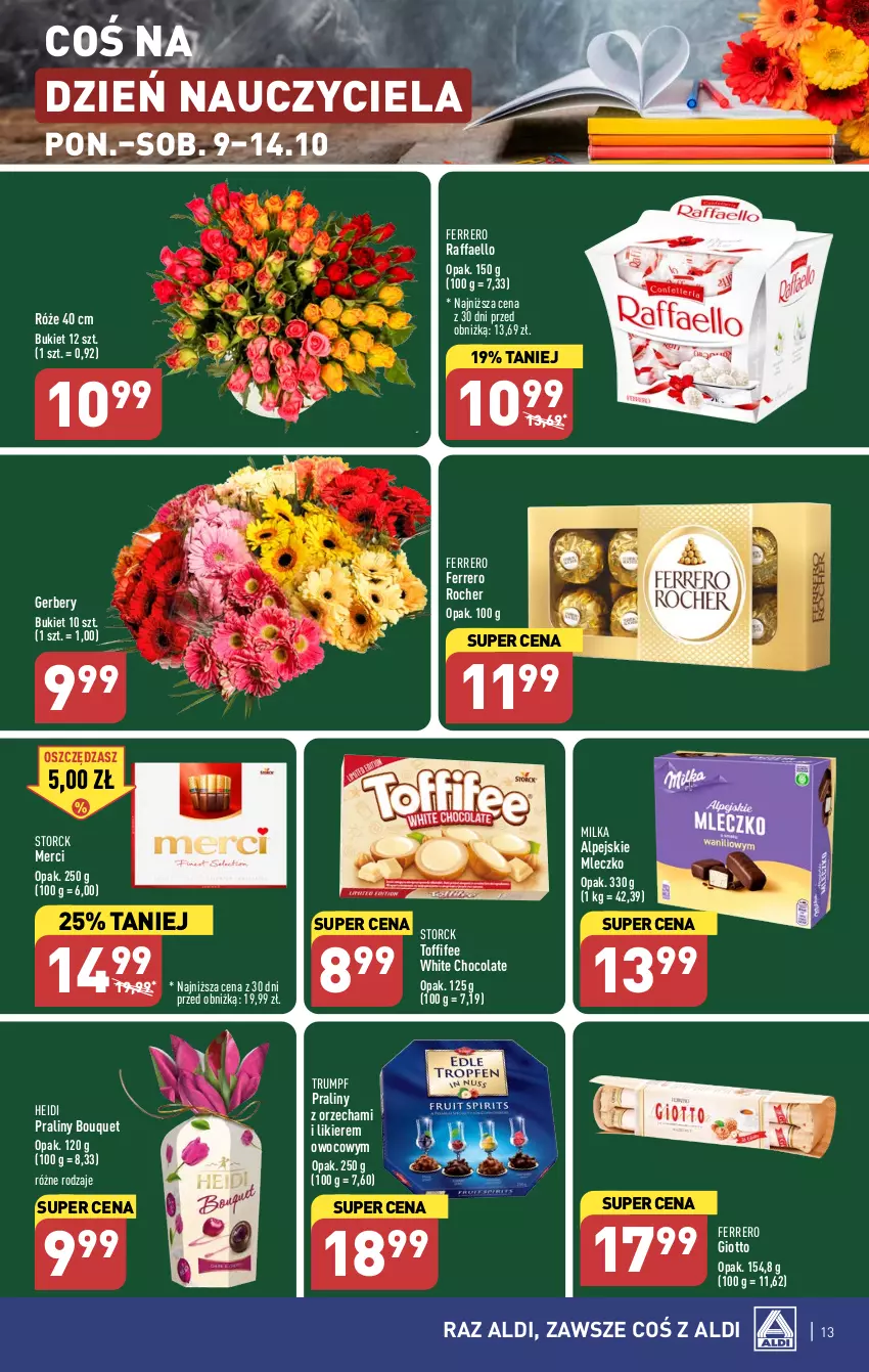 Gazetka promocyjna Aldi - Pełna oferta - ważna 09.10 do 14.10.2023 - strona 13 - produkty: Bukiet, Fa, Ferrero, Ferrero Rocher, Gerber, Likier, Merci, Milka, Mleczko, Praliny, Raffaello, Rum, Toffifee