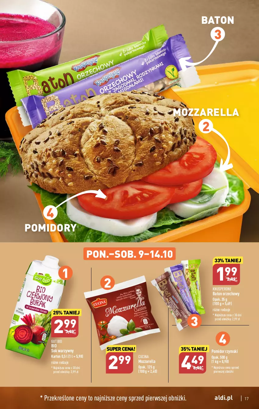 Gazetka promocyjna Aldi - Pełna oferta - ważna 09.10 do 14.10.2023 - strona 17 - produkty: Baton, Mozzarella, Pomidory, Sok