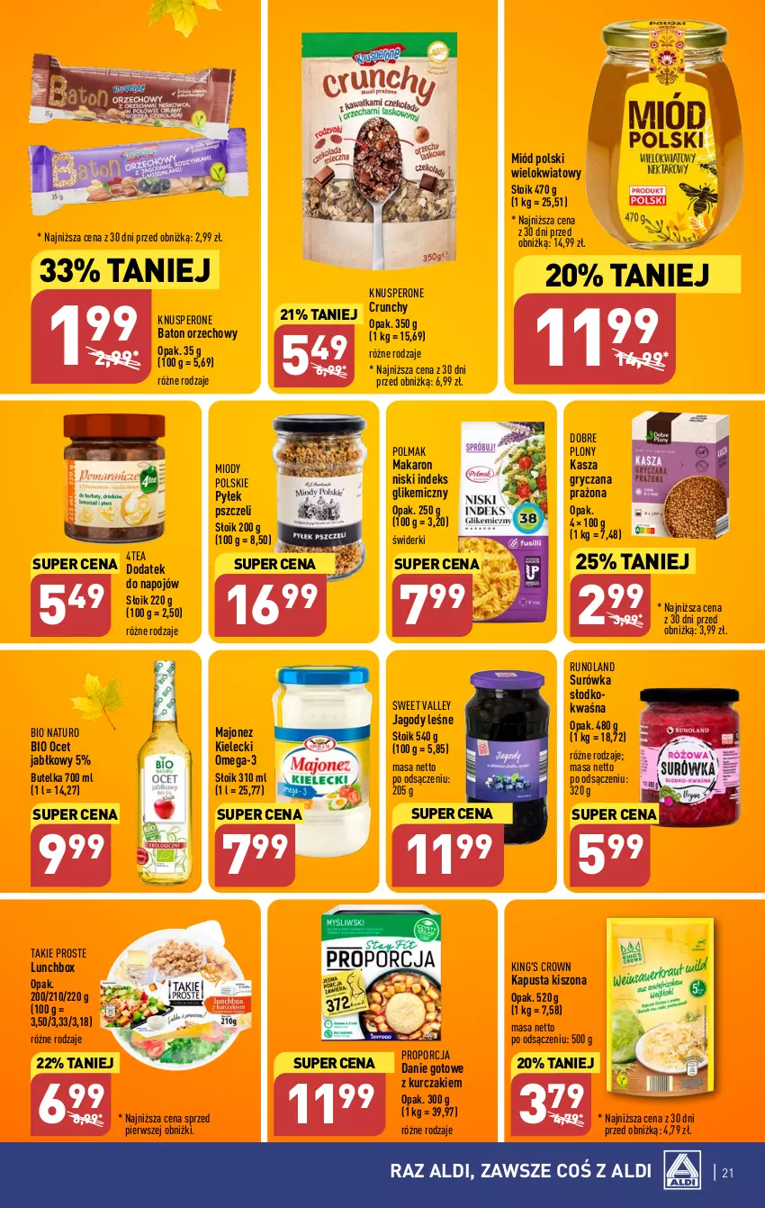 Gazetka promocyjna Aldi - Pełna oferta - ważna 09.10 do 14.10.2023 - strona 21 - produkty: Baton, Danie gotowe, Gry, Jagody, Kasza, Kasza gryczana, Kurczak, Majonez, Makaron, Miód, Ocet, Olma, Omega-3, Por, Runoland, Surówka