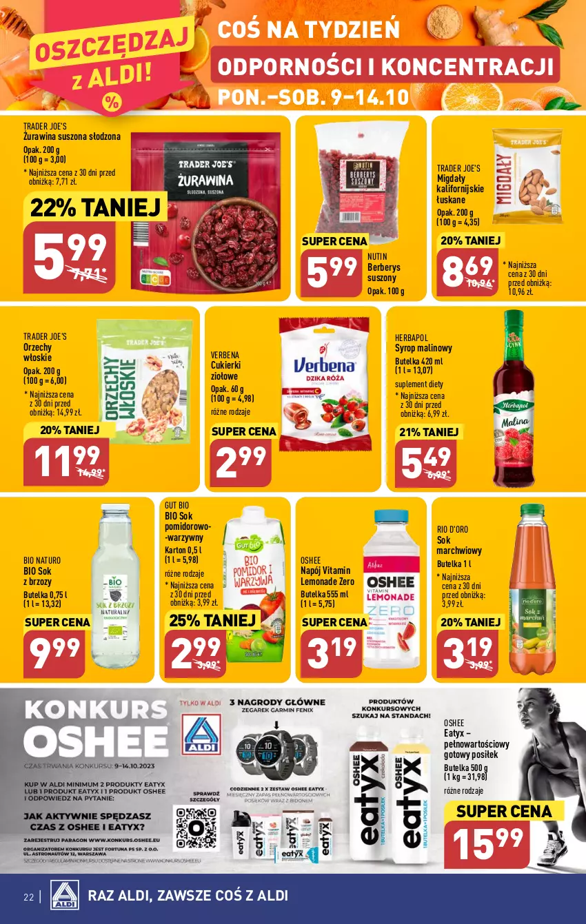 Gazetka promocyjna Aldi - Pełna oferta - ważna 09.10 do 14.10.2023 - strona 22 - produkty: Cukier, Cukierki, Herbapol, Migdały, Napój, Orzechy włoskie, Oshee, Por, Sok, Suplement diety, Syrop