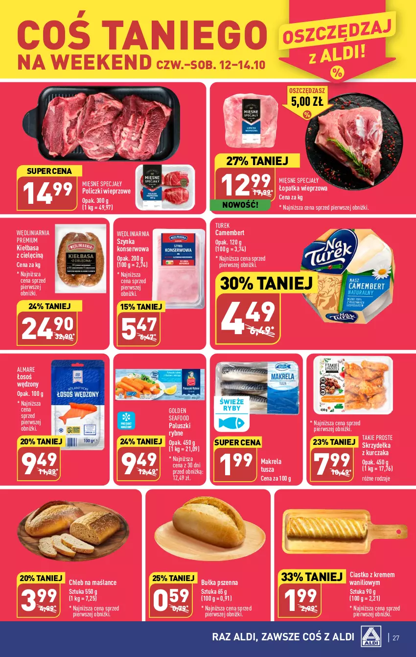 Gazetka promocyjna Aldi - Pełna oferta - ważna 09.10 do 14.10.2023 - strona 27 - produkty: Bułka, Camembert, Chleb, Golden Seafood, Kiełbasa, Kurczak, Mięsne specjały, Paluszki rybne, Ser, Szynka, Szynka konserwowa, Tusz