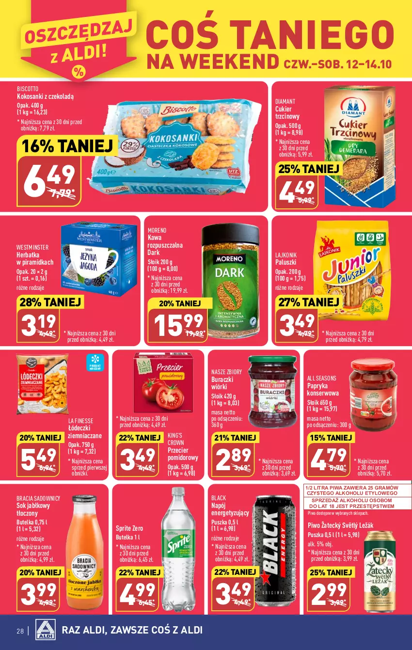 Gazetka promocyjna Aldi - Pełna oferta - ważna 09.10 do 14.10.2023 - strona 28 - produkty: All Seasons, Buraczki, Cukier, Cukier trzcinowy, Diamant, Gra, Kawa, Kawa rozpuszczalna, Kokos, Lack, Lajkonik, Napój, Papryka, Piwa, Piwo, Sanki, Ser, Sok, Sok jabłkowy, Sprite