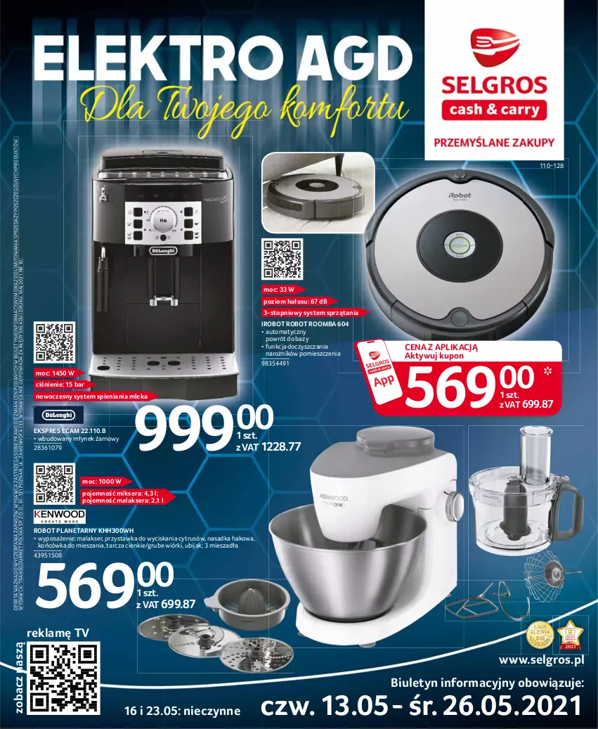 Gazetka promocyjna Selgros - Katalog Elektro - ważna 13.05 do 31.05.2021 - strona 1 - produkty: Fa, IRobot, LG, Mikser, Młynek, Narożnik, Robot, Robot planetarny, Roomba, Ser, Top, Tran